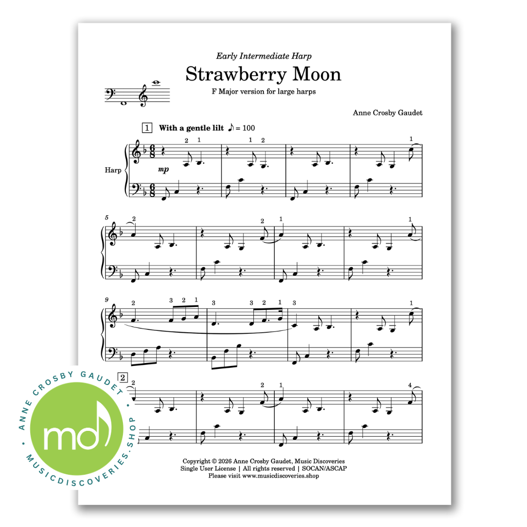 Harp sheet music for 'Strawberry Moon' by Anne Crosby Gaudet. Large harp version in F Major.
