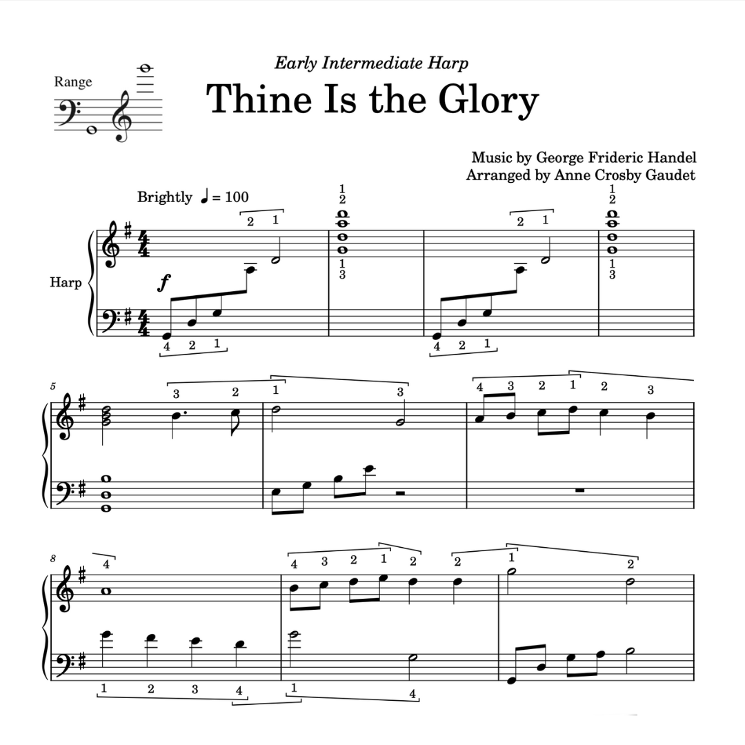 Thine is the Glory, Easter hymn early intermediate harp arrangement by Anne Crosby Gaudet