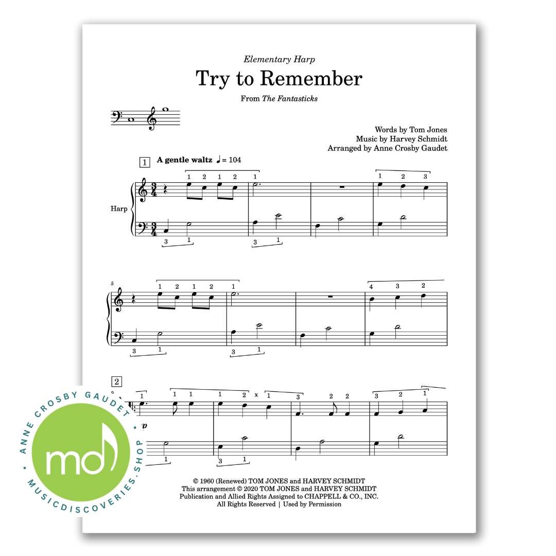Try to Remember, harp sheet music arranged by Anne Crosby Gaudet
