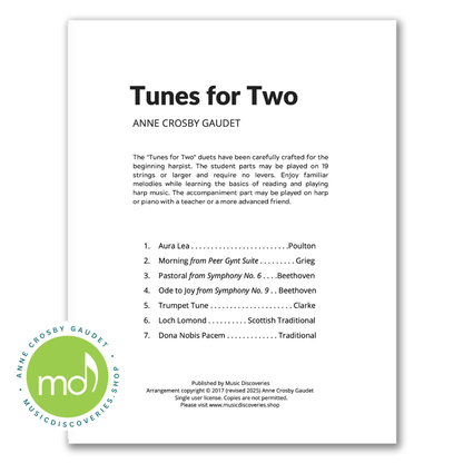Tunes For Two, 7 easy harp duets arranged by Anne Crosby Gaudet