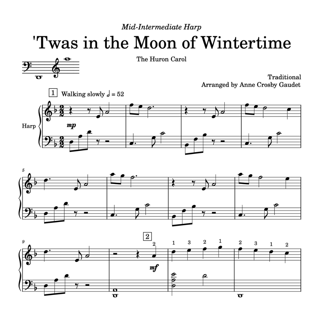 Twas in the Moon of Wintertime, harp sheet music arrangement by Anne Crosby Gaudet