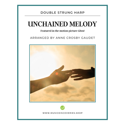 Sheet music cover for 'Unchained Melody' by Double Strung Harp, featuring a silhouette of two hands reaching towards each other.