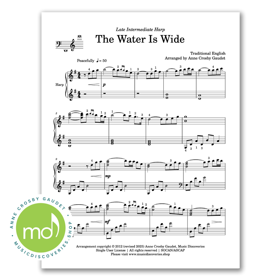 The Water Is Wide, intermediate harp arrangement by Anne Crosby Gaudet