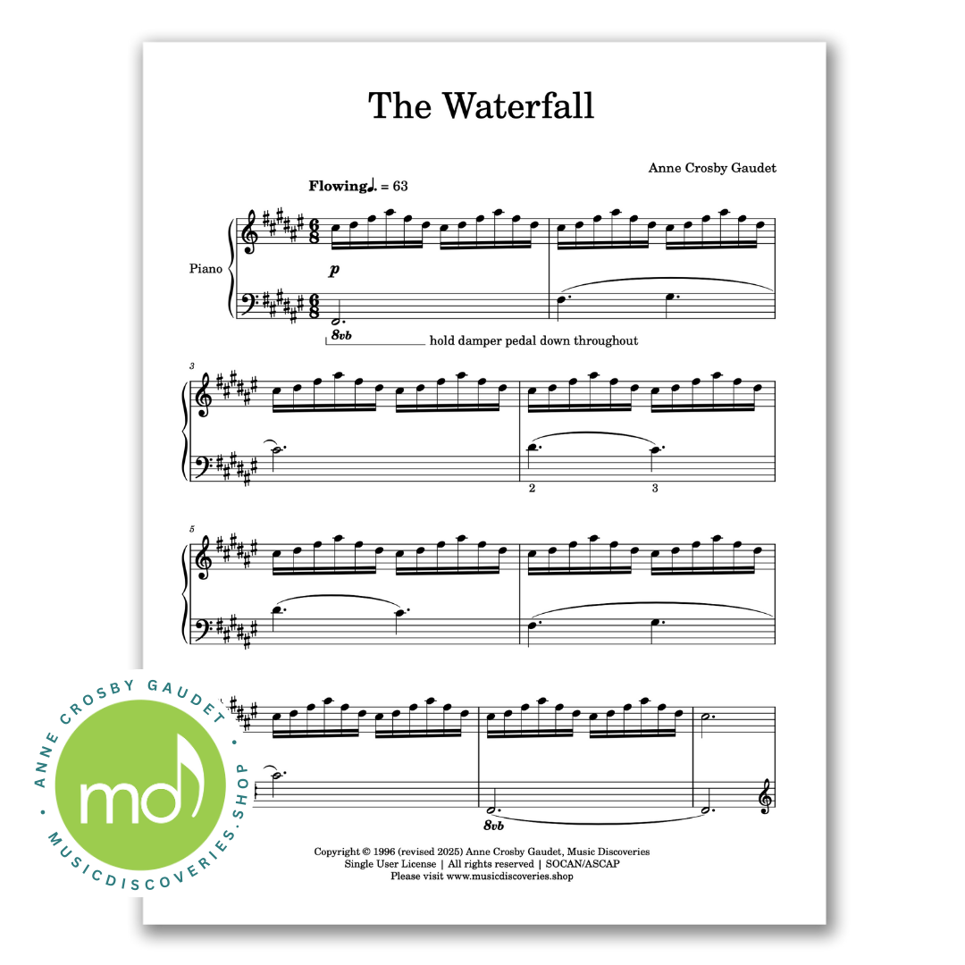 The Waterfall is an early intermediate piano solo by Anne Crosby Gaudet