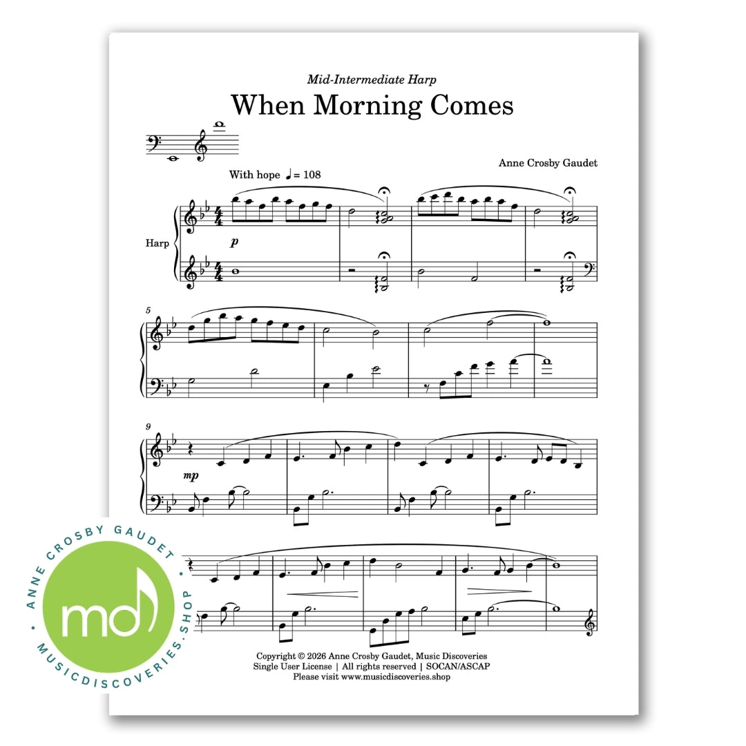 A sheet music page for Anne Crosby Gaudet's 'When Morning Comes' arranged for harp, shown on a white background with a green circular 'Music Discoveries' logo in the lower left corner.