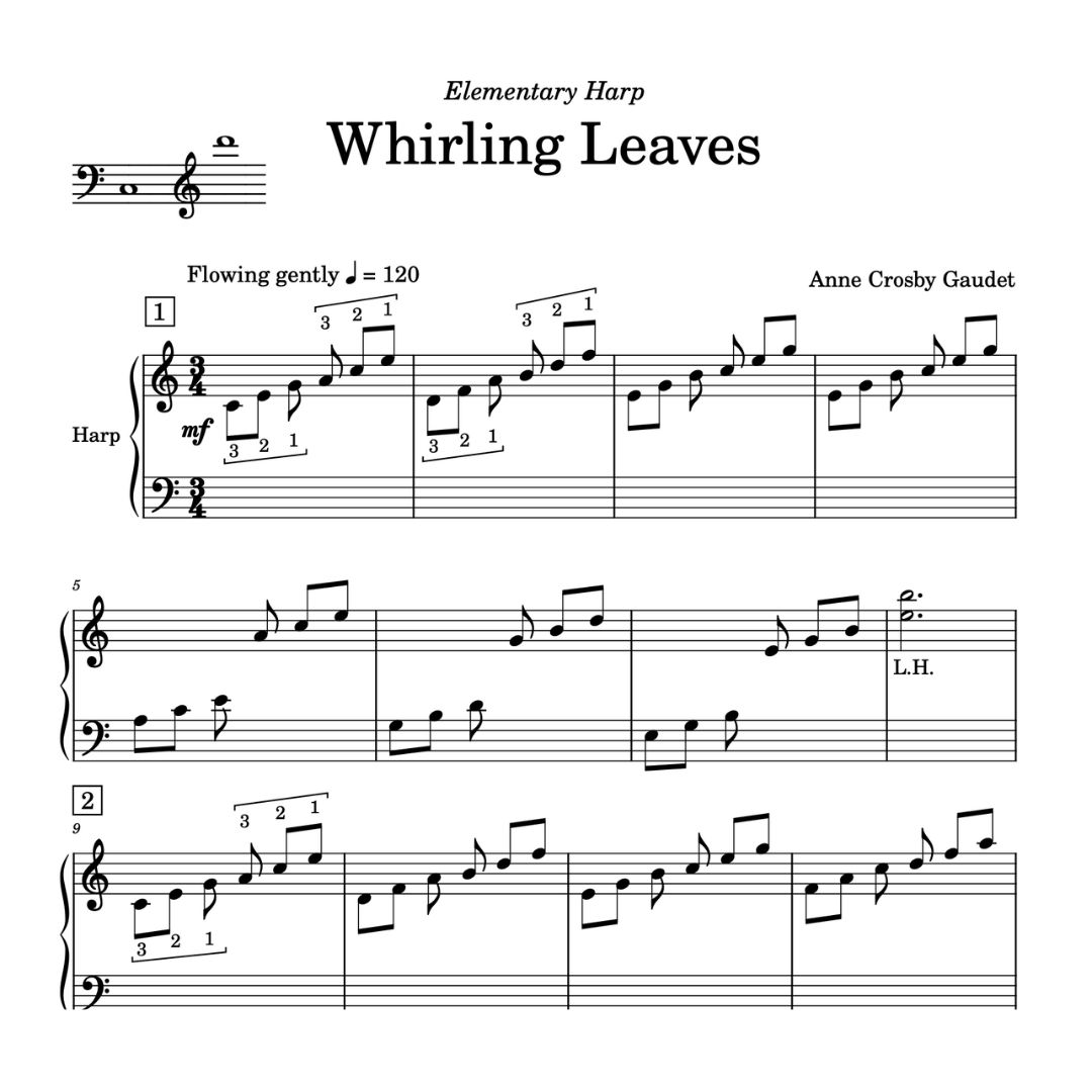 Whirling Leaves, elementary harp sheet music by Anne Crosby Gaudet