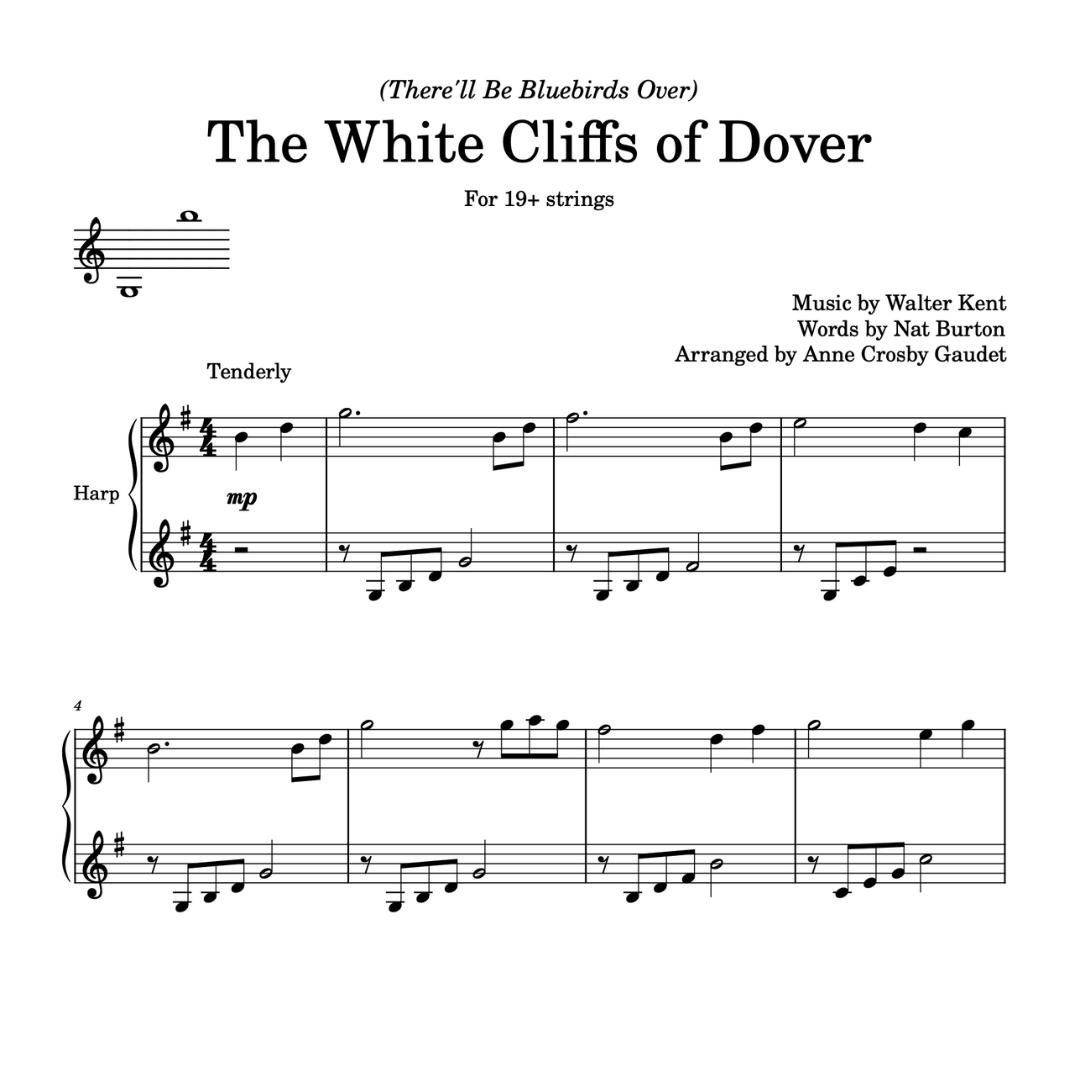 The White Cliffs of Dover, small harp arrangement by Anne Crosby Gaudet