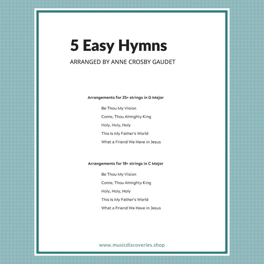 5 Easy Hymns, elementary arrangements for small harp by Anne Crosby Gaudet