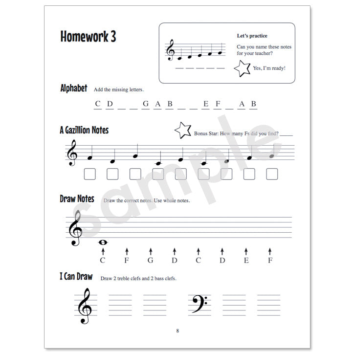 Gazillion Primer, Music Note Speller by Anne Crosby Gaudet (sample page)