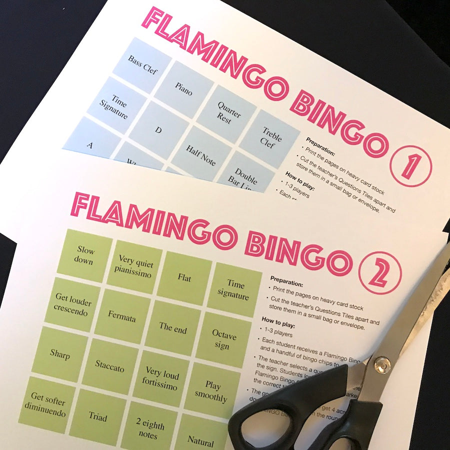 Flamingo Bingo is a fun printable game for piano lessons. Cut apart the Teacher's Question Tiles and you are ready to play.
