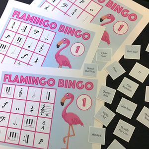 Flamingo Bingo is a fun printable game for piano lessons. Level 1 reviews music symbols from a typical Primer level method.