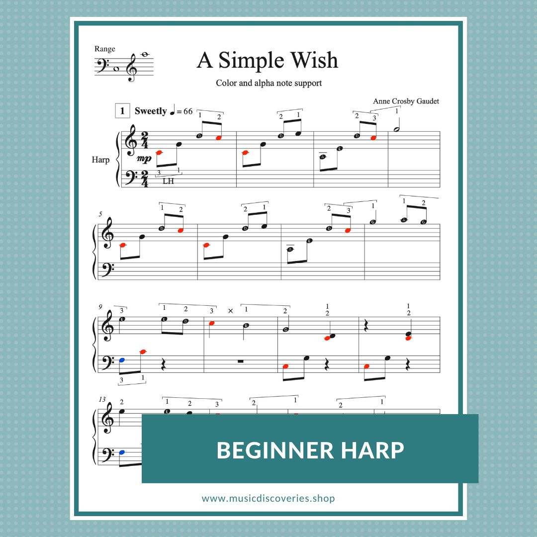 A Simple Wish, beginner harp music with color and alpha note support by Anne Crosby Gaudet