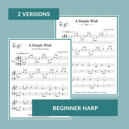 A Simple Wish, beginner harp music with color and alpha note support by Anne Crosby Gaudet