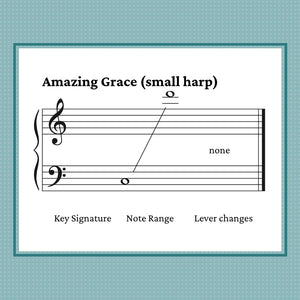 Amazing Grace (C Major and G Major versions) plus bonus pages, arranged for harp by Anne Crosby Gaudet