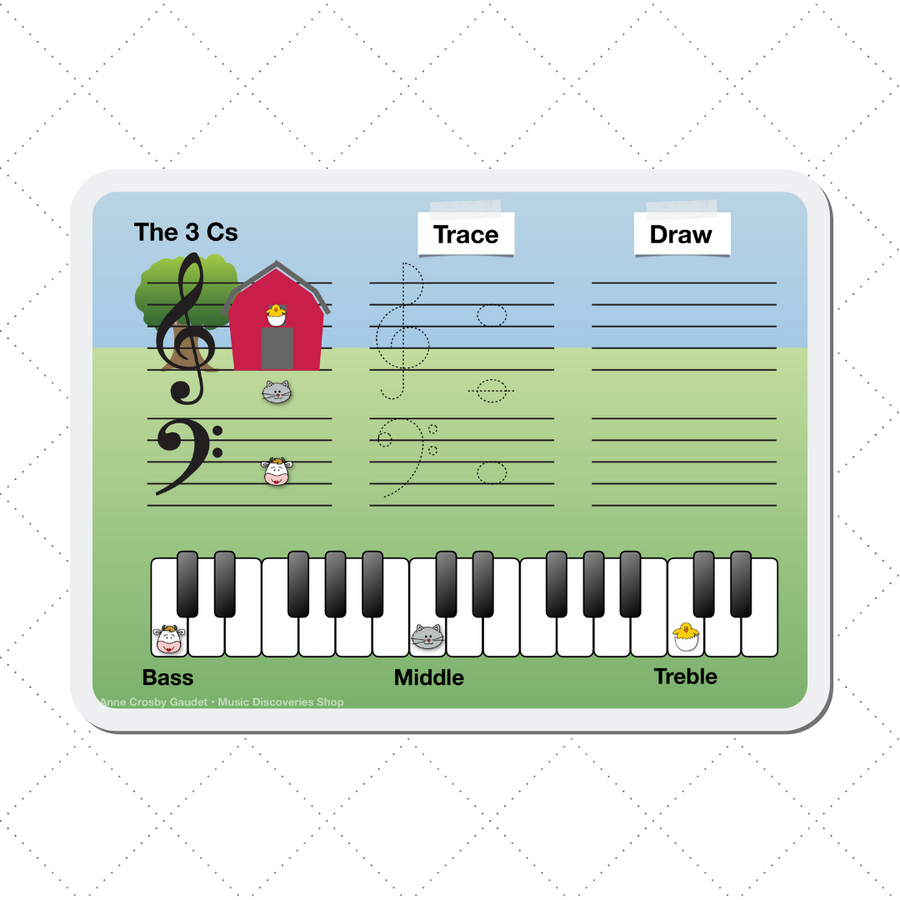 The Barnyard Friends digital teaching aid to practice landmark music notes on your iPad.