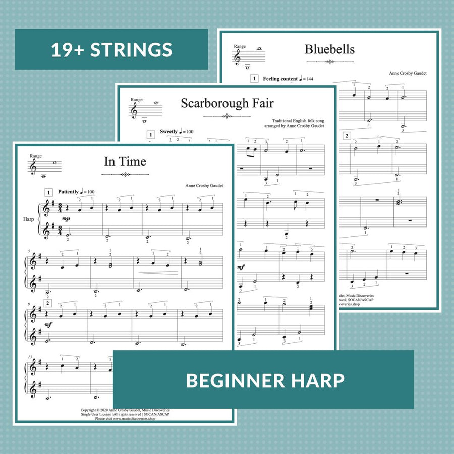 A beginner harp learning bundle including In Time, Scarborough Fair and Bluebells. Arranged for 19 strings by Anne Crosby Gaudet.