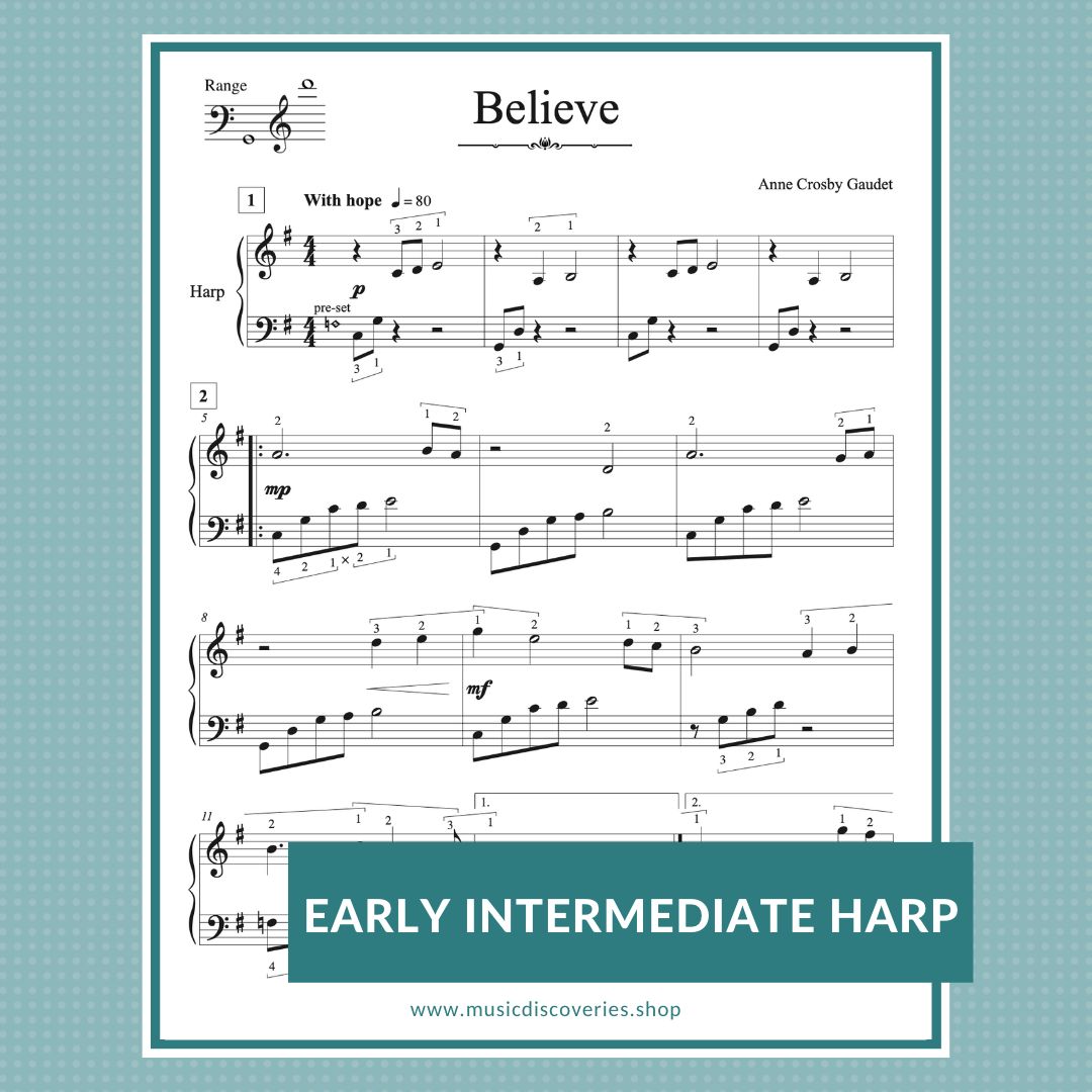 Believe, early intermediate harp solo by Anne Crosby Gaudet