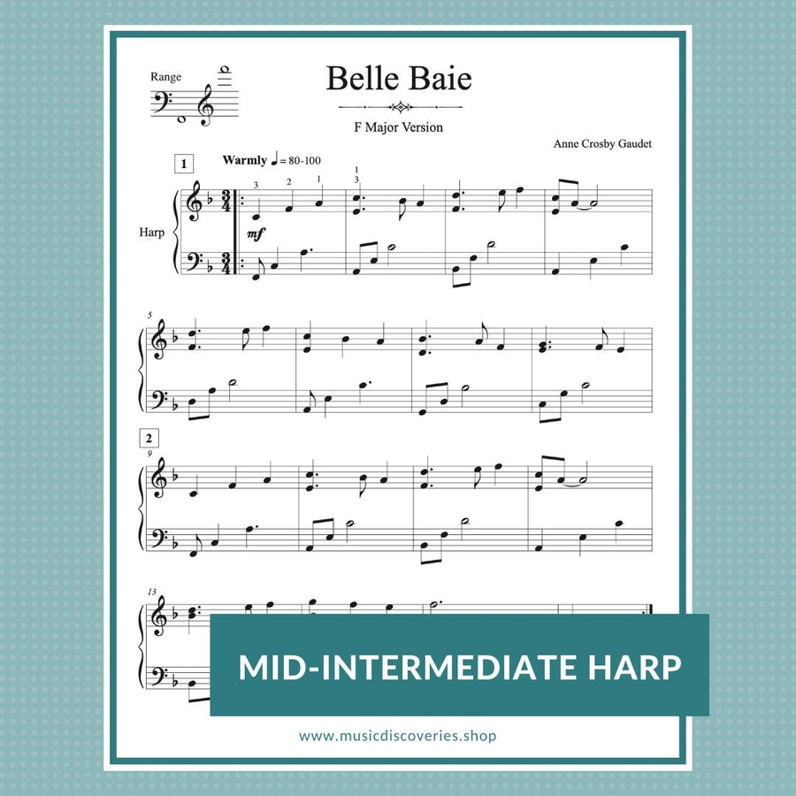 Belle Baie, mid-intermediate harp solo by Anne Crosby Gaudet