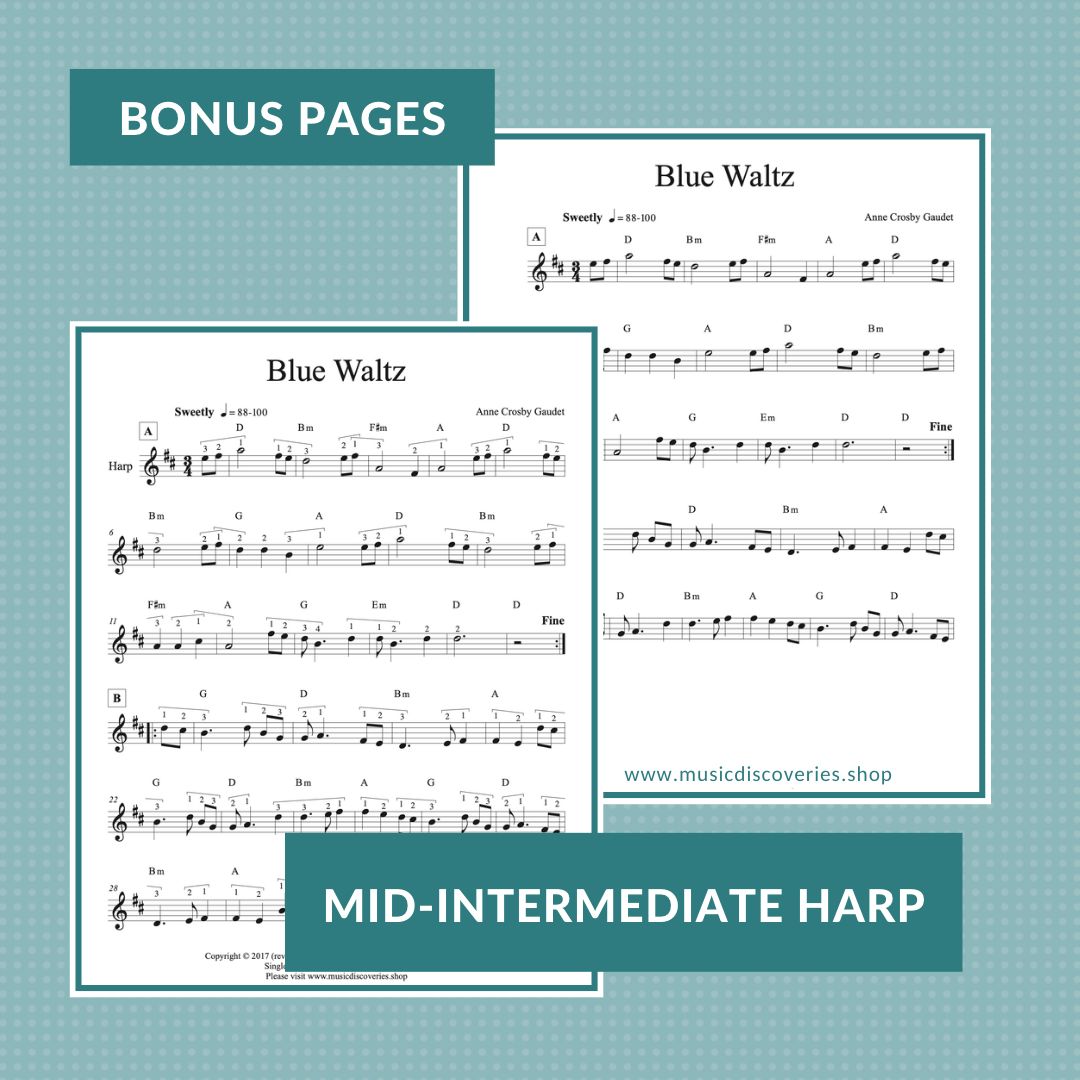 Blue Waltz, mid-intermediate harp sheet music by Anne Crosby Gaudet