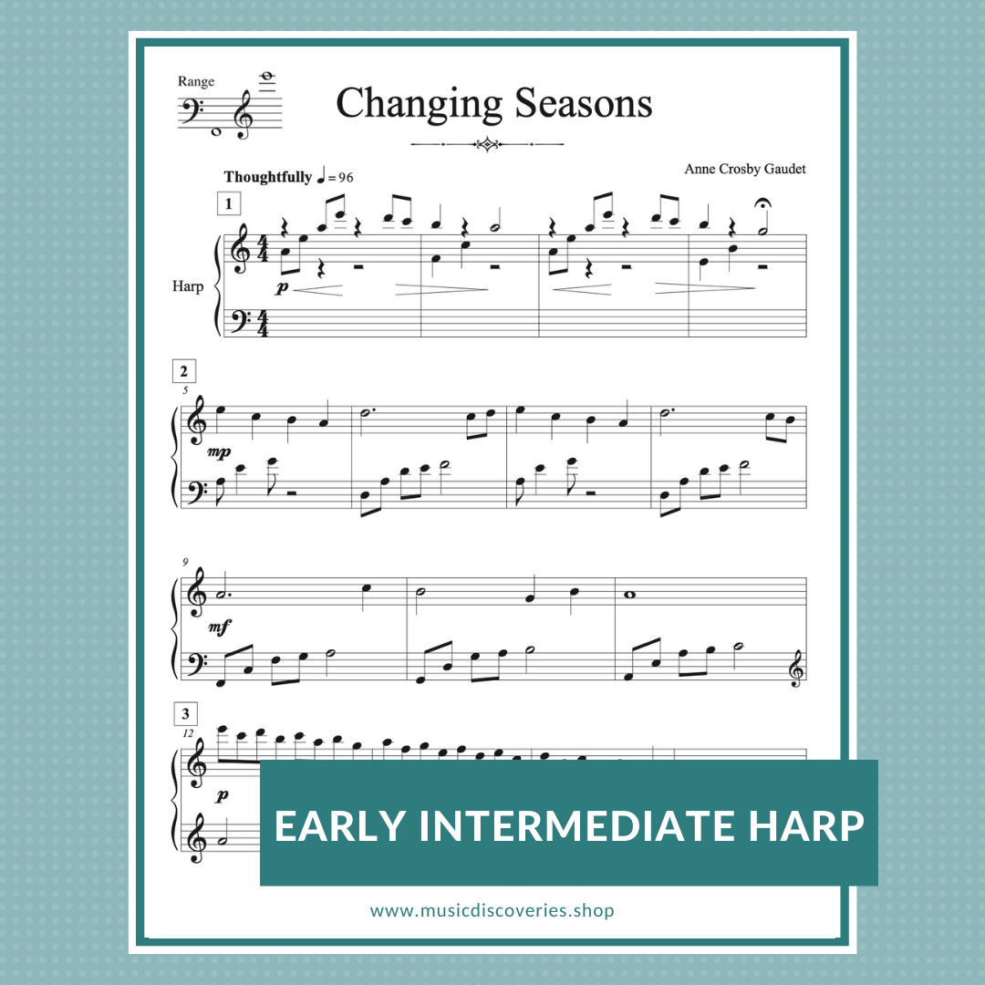 Changing Seasons, early intermediate harp sheet music by Anne Crosby Gaudet