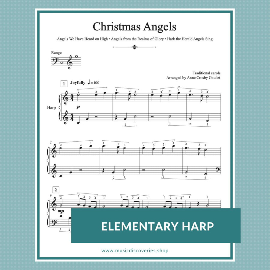 Christmas Angels, medley of Christmas carols for elementary harp by Anne Crosby Gaudet