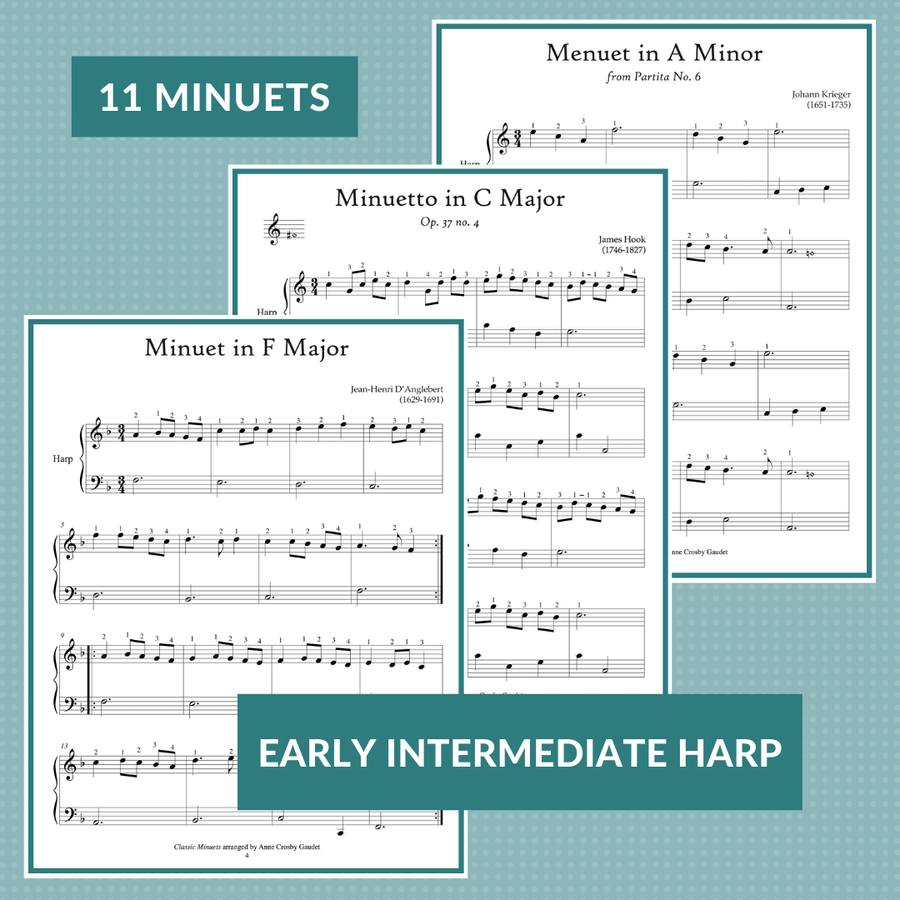 11 Classic Minuets, arranged for lever harp by Anne Crosby Gaudet