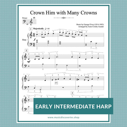 Crown Him With Many Crowns, Easter hymn arranged for early intermediate harp by Anne Crosby Gaudet