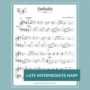 Daffodils, late intermediate harp sheet music by Anne Crosby Gaudet