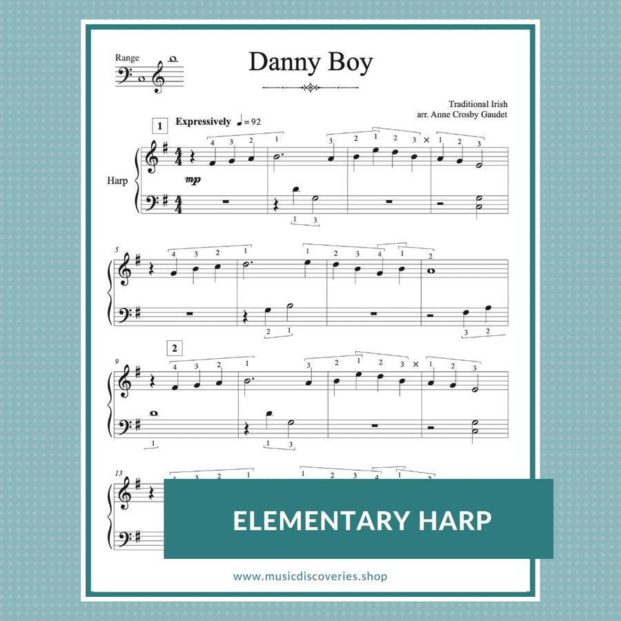 Danny Boy, elementary harp arrangement by Anne Crosby Gaudet