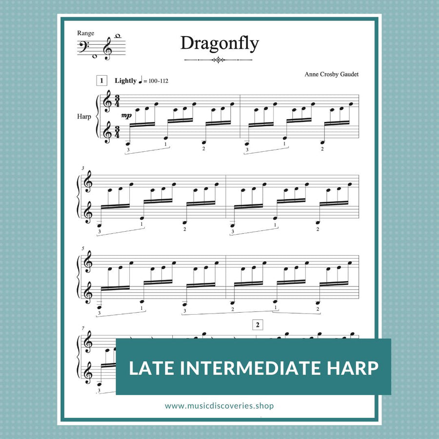Dragonfly, late intermediate harp solo by Anne Crosby Gaudet