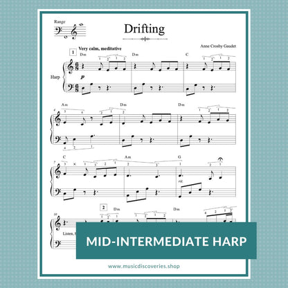 Drifting, mid-intermediate meditative harp solo by Anne Crosby Gaudet