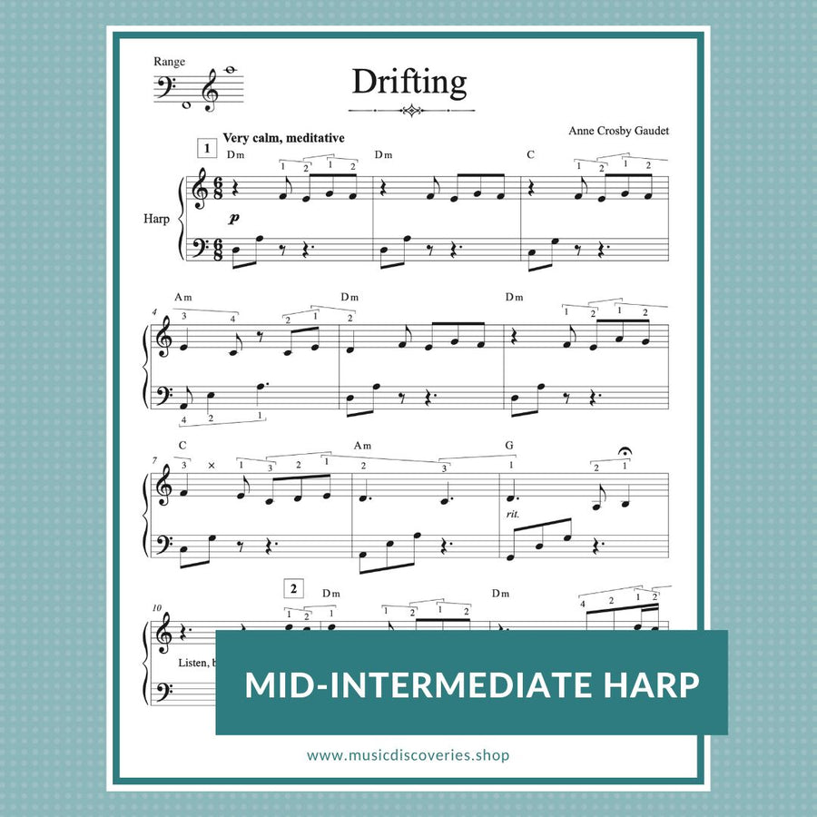 Drifting, mid-intermediate meditative harp solo by Anne Crosby Gaudet