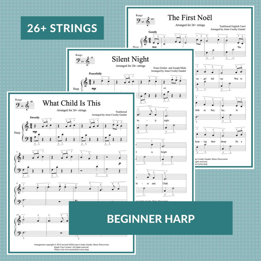 3 Easy Christmas Carols, arranged for small 26 or 19-string harp by Anne Crosby Gaudet
