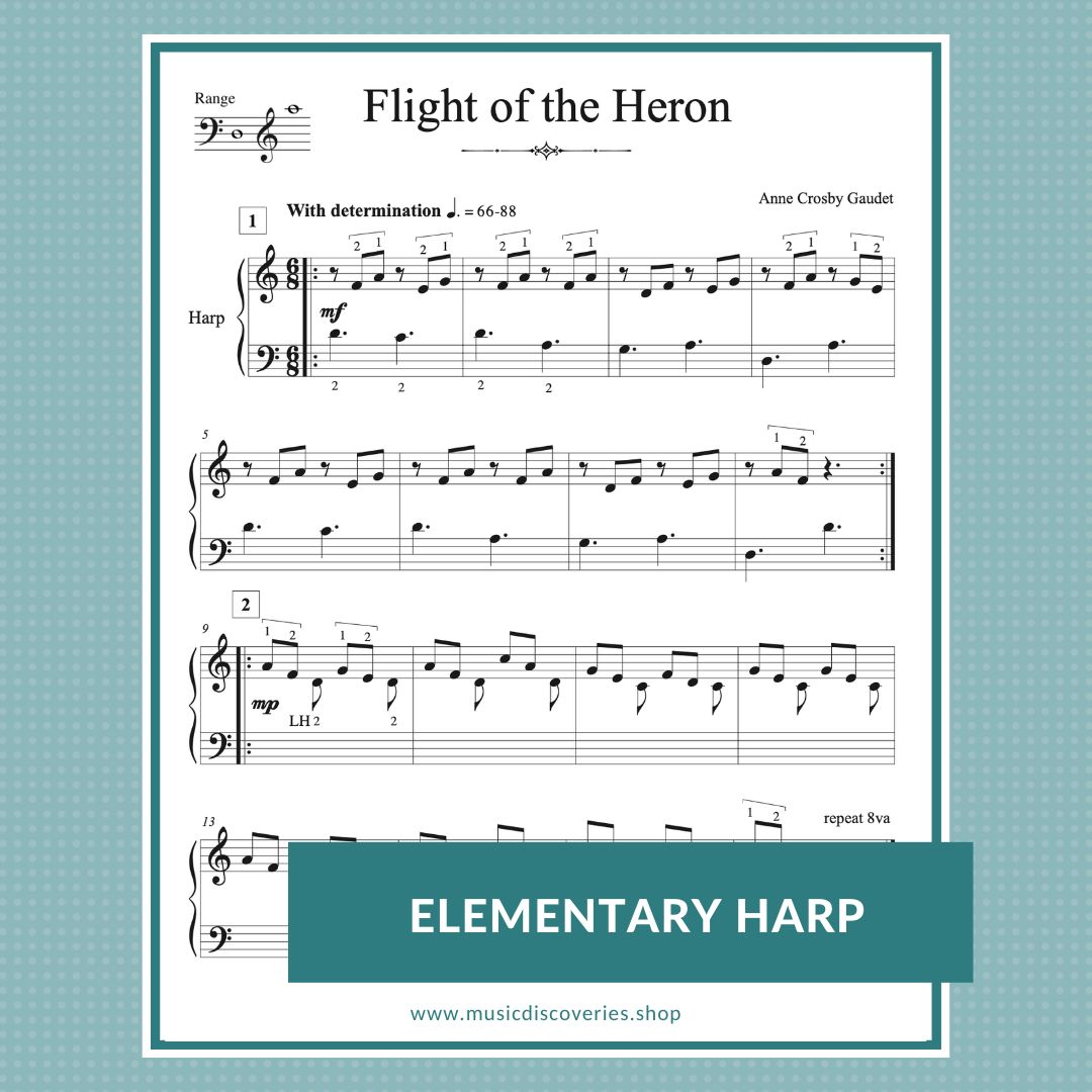 Flight of the Heron, elementary harp sheet music by Anne Crosby Gaudet