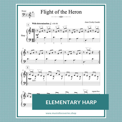 Flight of the Heron, elementary harp sheet music by Anne Crosby Gaudet