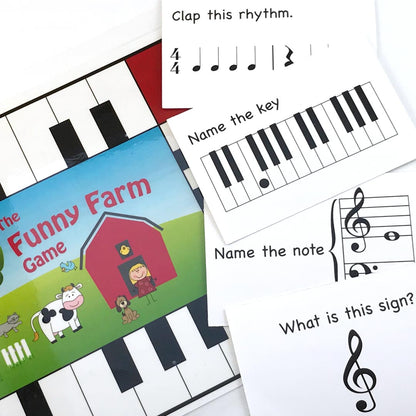 The Funny Farm Game is lots of fun for reviewing elementary level music concepts. Name white keys, clap simple rhythms, name notes and music symbols as you make your way around the farm. Just download • print • play! Another fun and effective teaching aid from Music Discoveries.