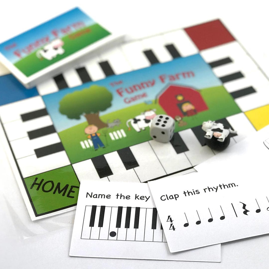 The Funny Farm Game is lots of fun for reviewing elementary level music concepts. Name white keys, clap simple rhythms, name notes and music symbols as you make your way around the farm. Just download • print • play! Another fun and effective teaching aid from Music Discoveries.