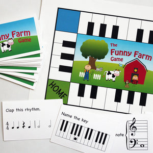 The Funny Farm Game is lots of fun for reviewing elementary level music concepts. Name white keys, clap simple rhythms, name notes and music symbols as you make your way around the farm. Just download • print • play! Another fun and effective teaching aid from Music Discoveries.