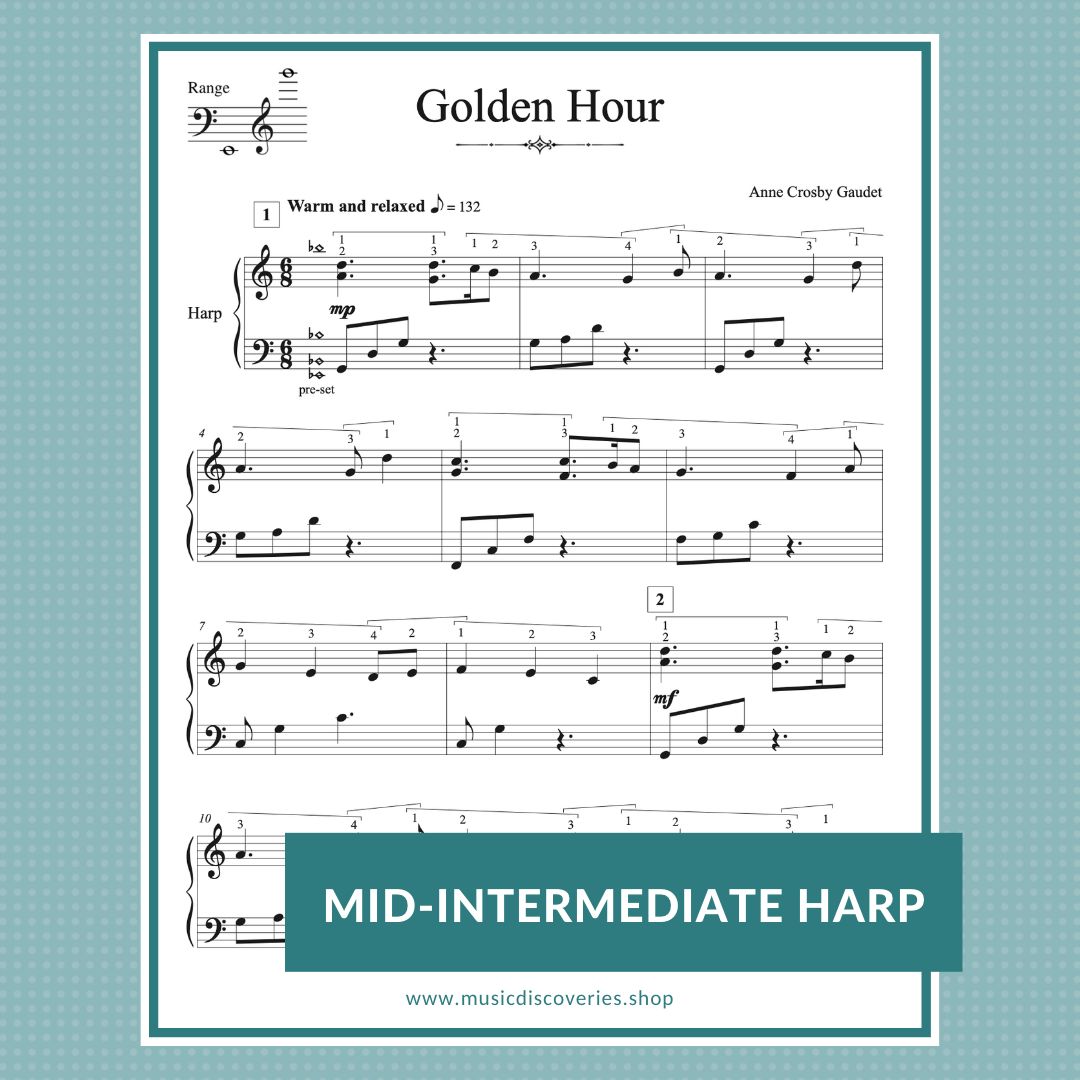 Golden Hour, mid-intermediate harp solo by Anne Crosby Gaudet