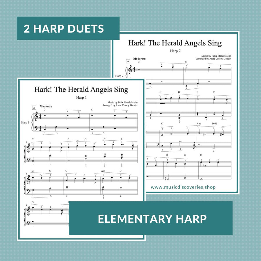2 Harp Christmas Duets, Hark the Herald Angels Sing and Good King Wenceslas, arranged for elementary harp by Anne Crosby Gaudet