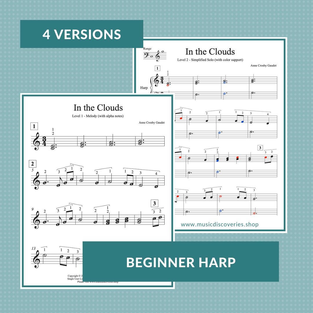 In the Clouds, beginner harp solo in 4 levels by Anne Crosby Gaudet