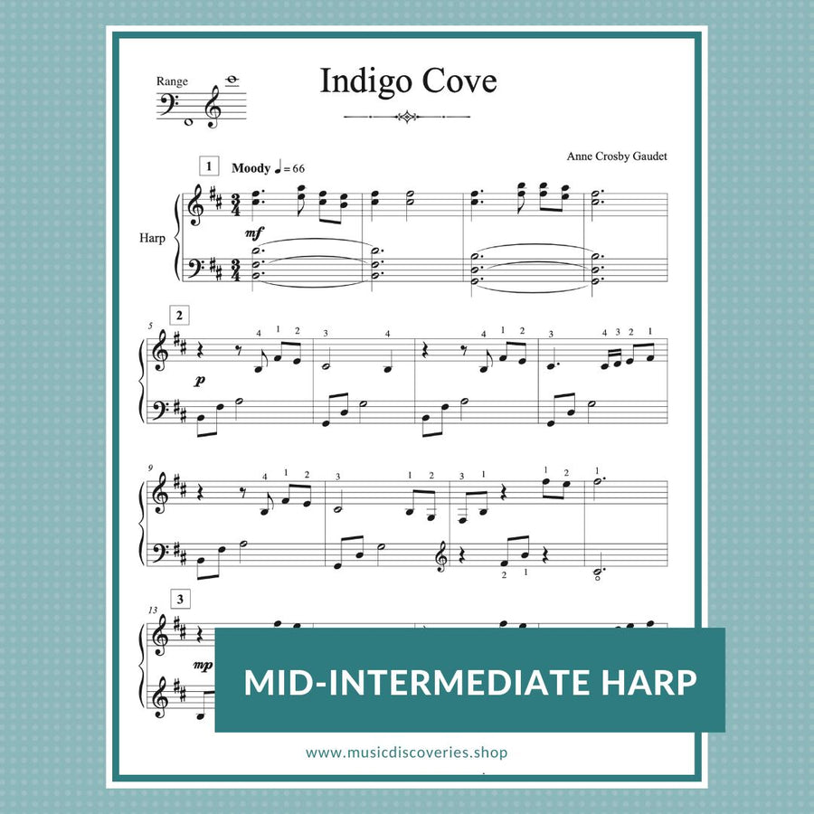 Indigo Cove, mid-intermediate harp solo by Anne Crosby Gaudet