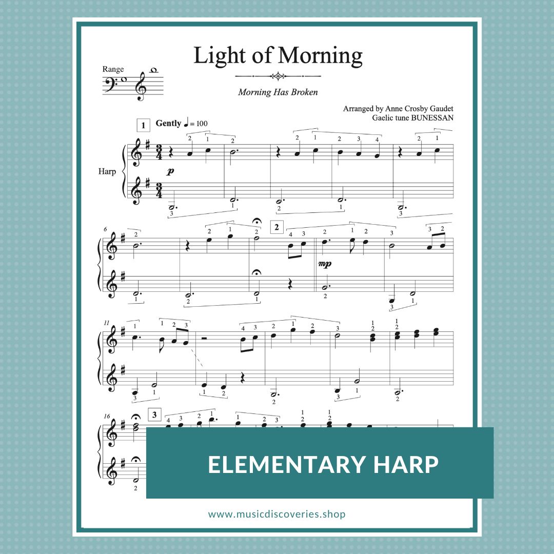 Light of Morning, elementary harp sheet music arrangement by Anne Crosby Gaudet