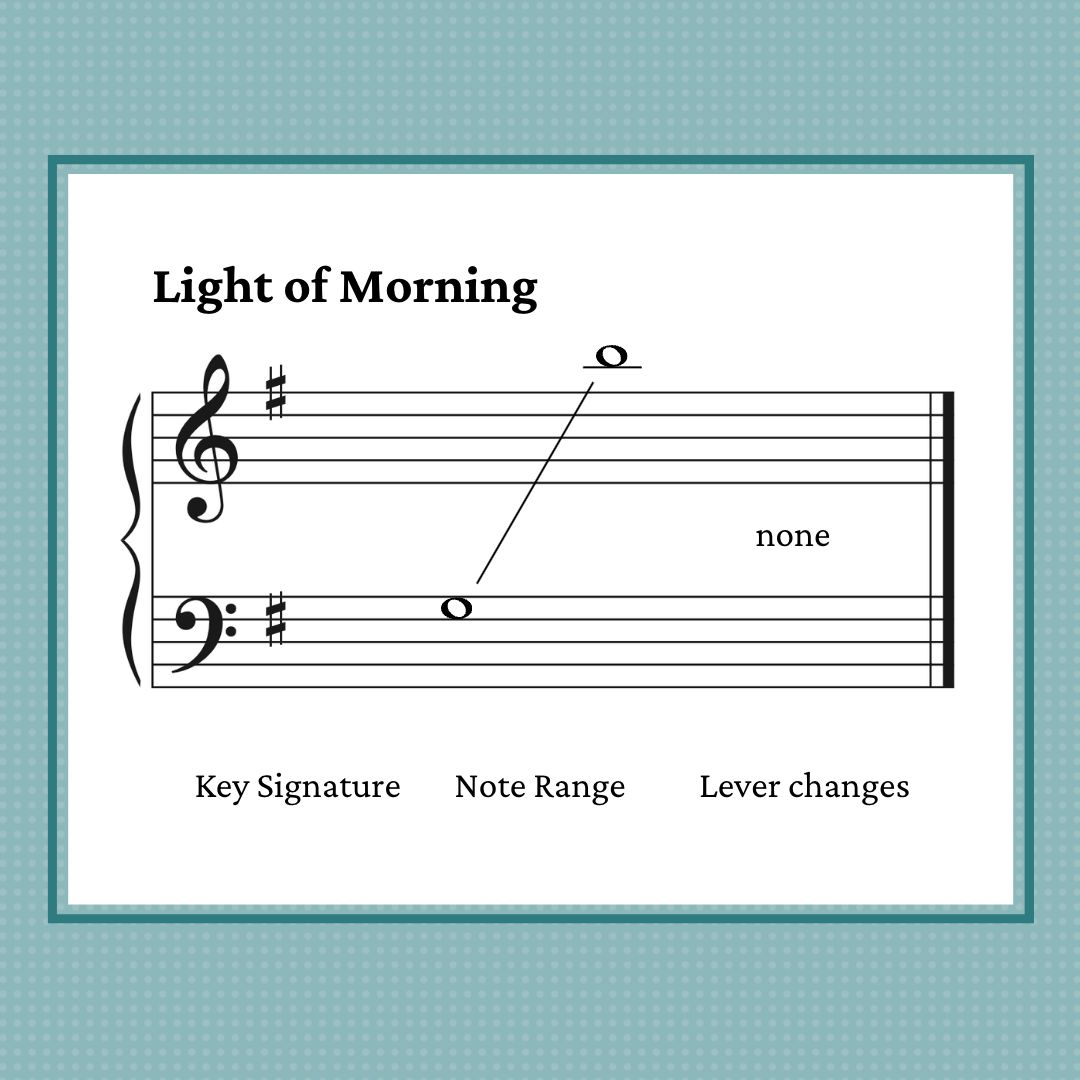 Light of Morning, elementary harp sheet music arrangement by Anne Crosby Gaudet