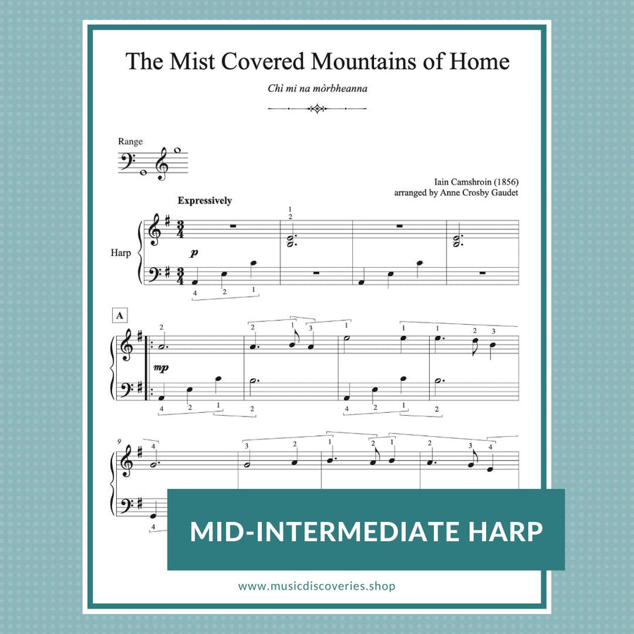 The Mist Covered Mountains of Home, mid-intermediate harp sheet music by Anne Crosby Gaudet