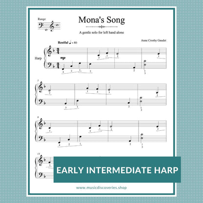 Mona's Song, early intermediate harp arrangement for left hand alone by Anne Crosby Gaudet