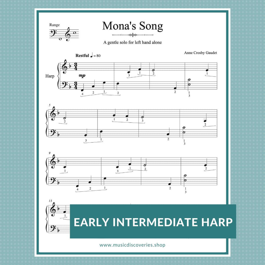 Mona's Song, early intermediate harp arrangement for left hand alone by Anne Crosby Gaudet