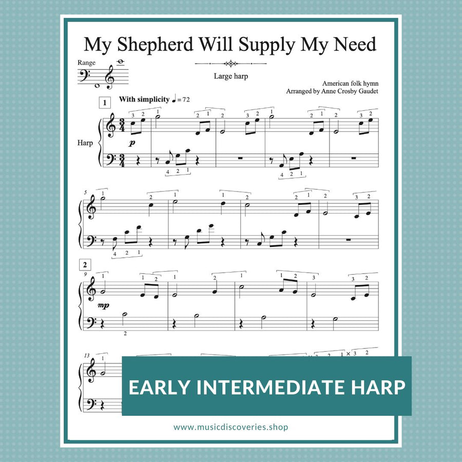 My Shepherd Will Supply My Need, early intermediate harp hymn arrangement by Anne Crosby Gaudet