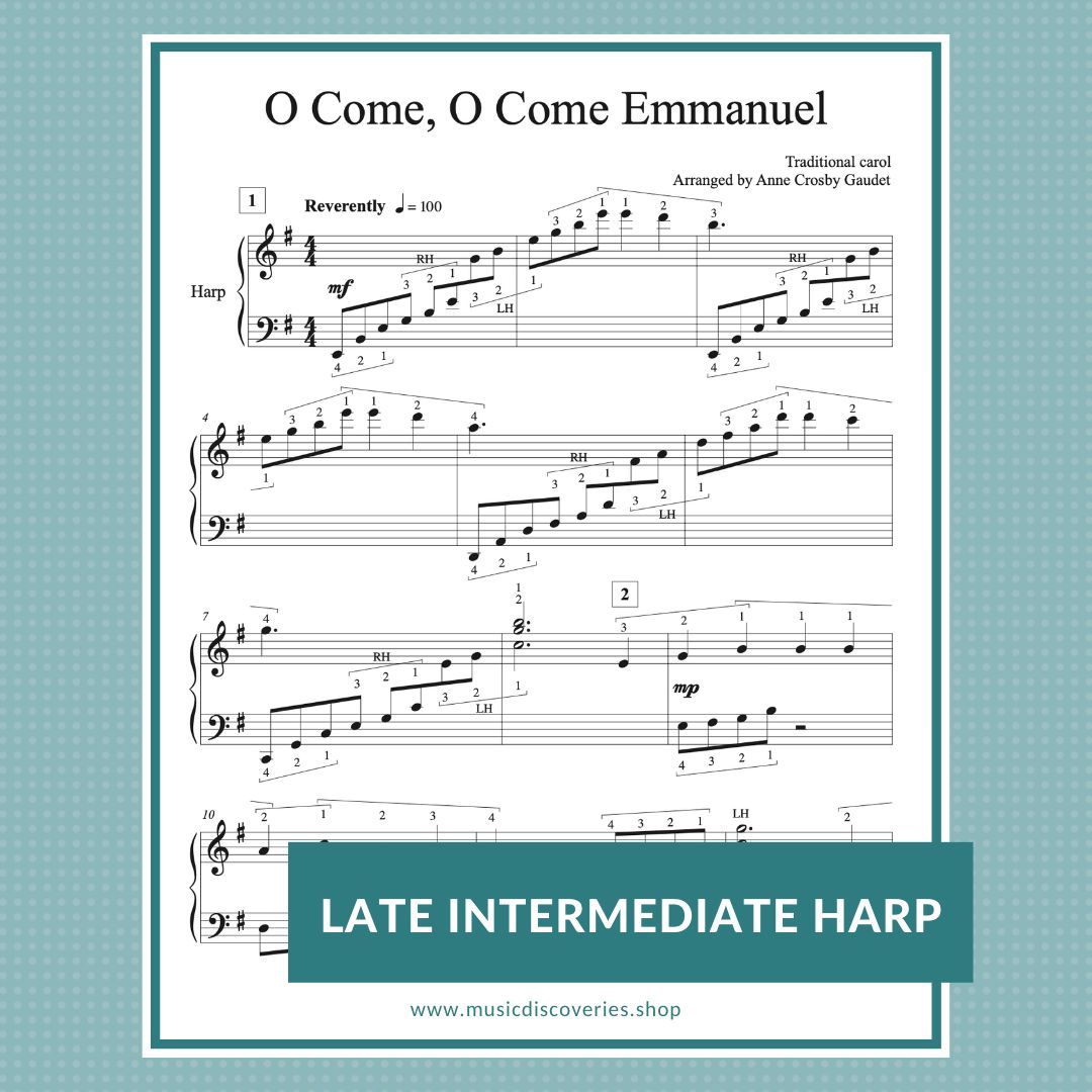 O Come, O Come Emmanuel, late intermediate harp sheet music arranged by Anne Crosby Gaudet