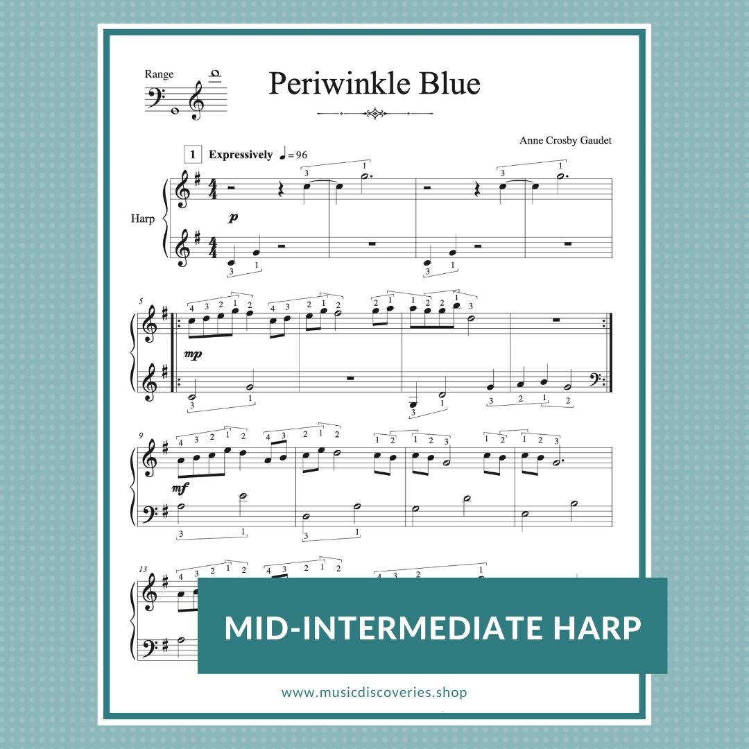 Periwinkle Blue, mid-intermediate harp solo by Anne Crosby Gaudet